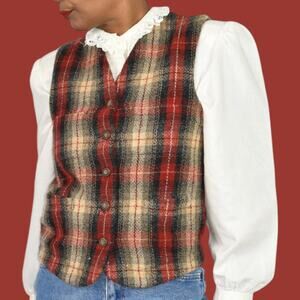 Vintage Eddie Bauer Plaid Wool Vest Red Tartan Check Equestrian Waistcoat Small